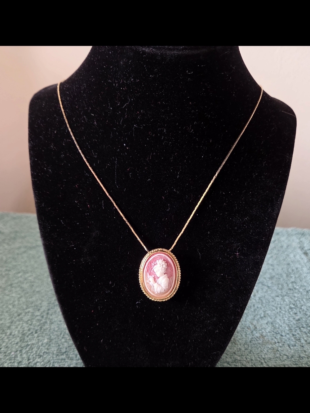 Vintage 1960s Pink Molded Glass Victorian Revival Cameo Slide Pendant Necklace